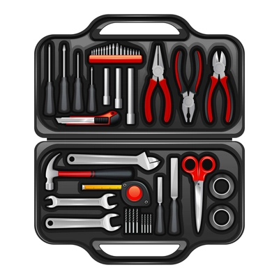 Black plastic toolkit box for keeping storage and carrying instruments and tools for repair service realistic vector illustration