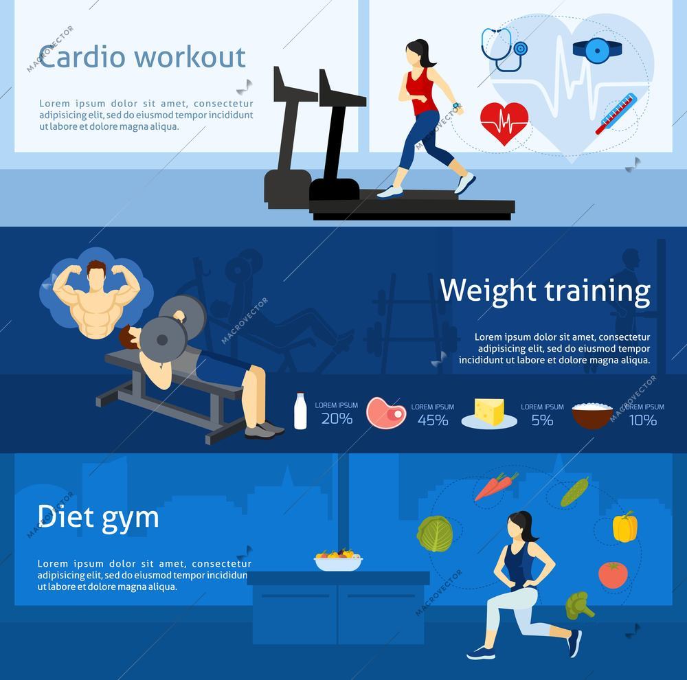 Gym workout horizontal banner set with cardio and weight training elements isolated vector illustration