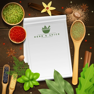 White recipe notepad on wooden background surrounded by various cooking herbs and spices realistic vector illustration