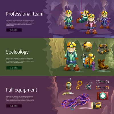 Professionally equipped speleologist team tools and wear horizontal interactive internet site 3d  banners abstract vector isolated illustration