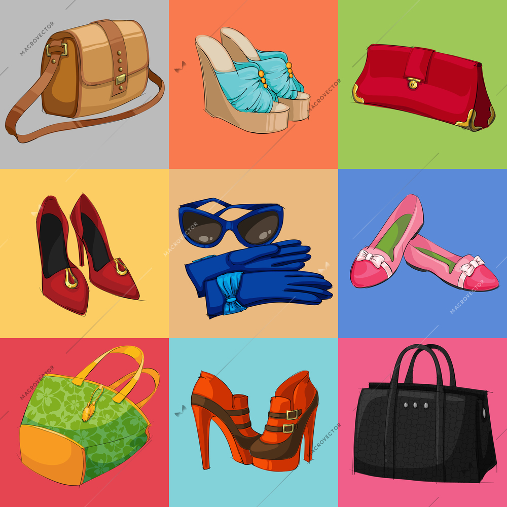 Women luxury bags casual shoes and modern accessories collection of decorative icons vector illustration