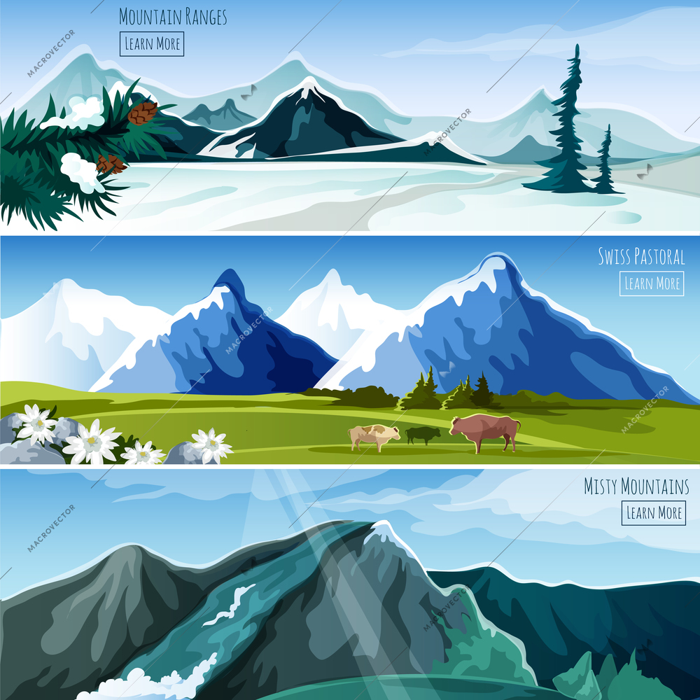 Mountain landscapes horizontal banner set with misty pastoral nature elements isolated vector illustration