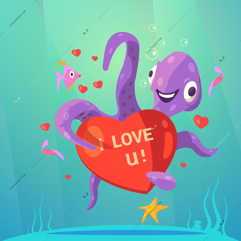 Valentine day retro cartoon with cute octopus with red heart vector illustration