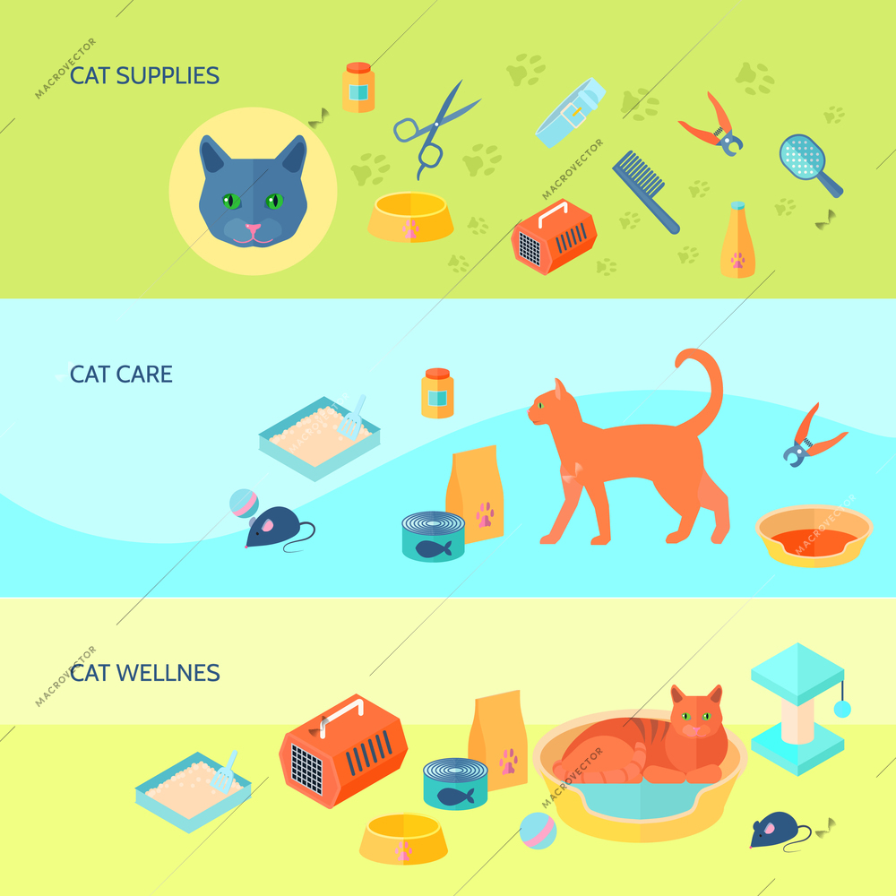 Indoor cats food and care supplies 3 horizontal flat banners set with carrier abstract isolated vector illustration