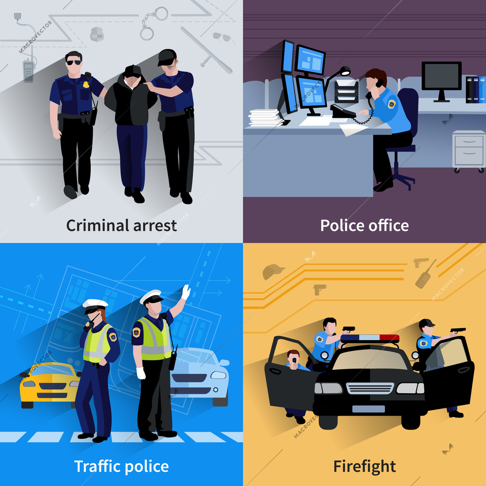 Policeman people 2x2 design compositions of traffic police  criminal arrest police office and firefight flat shadow vector illustration