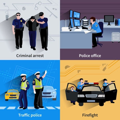 Policeman people 2x2 design compositions of traffic police  criminal arrest police office and firefight flat shadow vector illustration