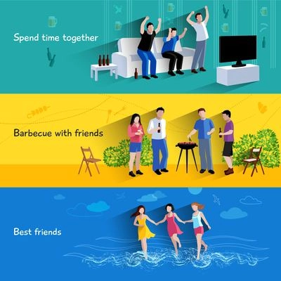 Spending free time together barbecuing with best friends 3 flat horizontal banners set abstract isolated vector illustration