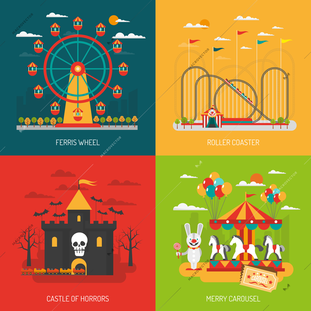 Funfair design concept set with children and family attraction flat icons isolated vector illustration