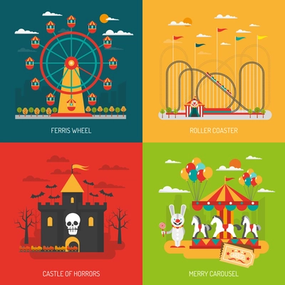 Funfair design concept set with children and family attraction flat icons isolated vector illustration