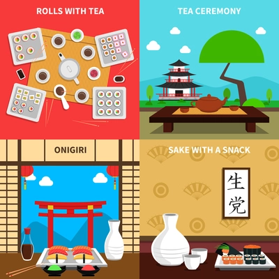 Sushi design concept set with rolls and tea ceremony flat icons isolated vector illustration