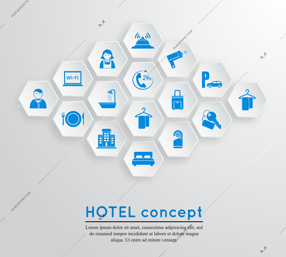 Hotel travel accommodation emblem concept with icons blue on white hexagonal shape set isolated vector illustration