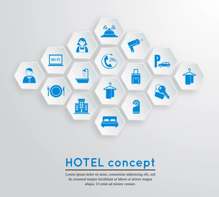 Hotel travel accommodation emblem concept with icons blue on white hexagonal shape set isolated vector illustration