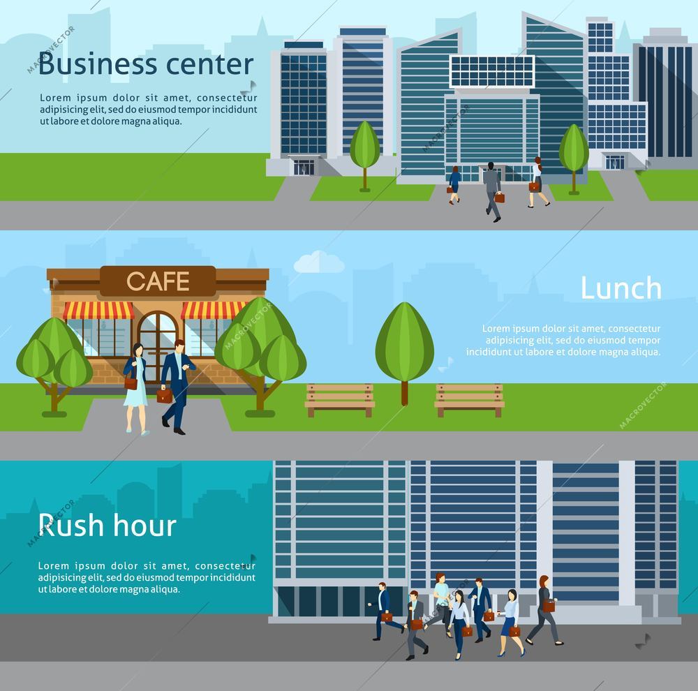 People go to work horizontal banner set with business center elements isolated vector illustration