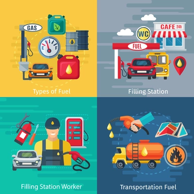 Fuel station concept icons set with oil workers and cars symbols flat isolated vector illustration