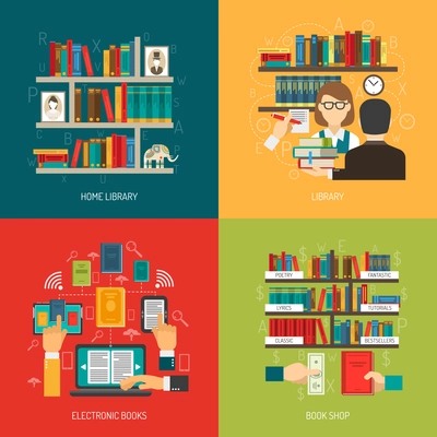 Reading concept 4 flat icons composition poster with home online electronic library and  book store vector illustration