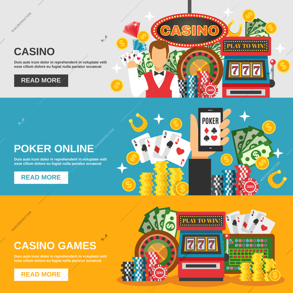 Casino horizontal banners set with poker online symbols flat isolated vector illustration