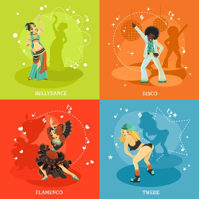 Bellydance disco flamenco and twerk 4 flat icons composition with music notes symbols shadow isolated vector illustration