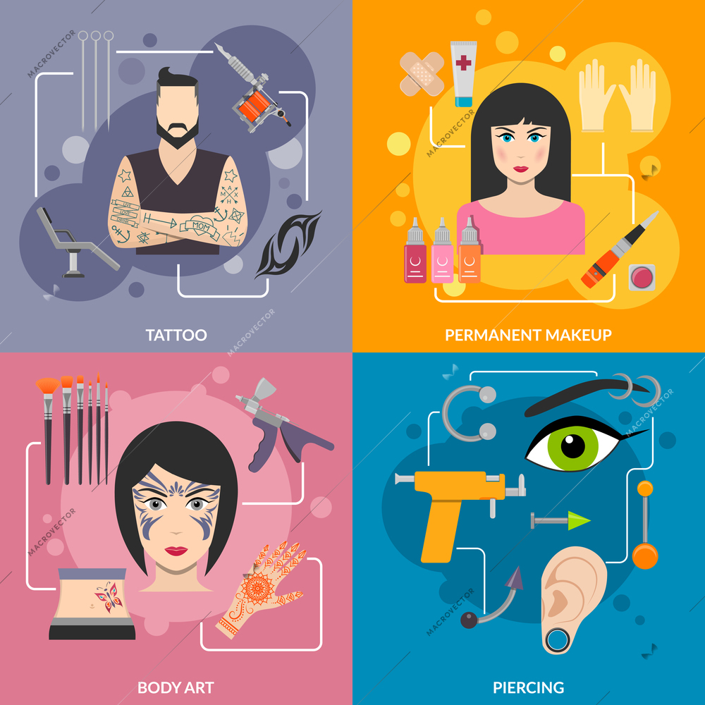 Set with bodyart  tattoo piercing process for man and woman vector illustration
