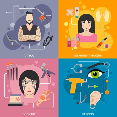 Set with bodyart  tattoo piercing process for man and woman vector illustration