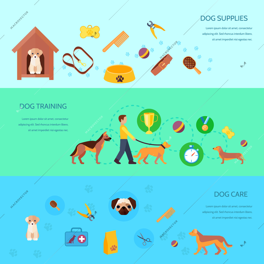 Dogs puppies training feeding care products and supplies 3 flat  horizontal banners set abstract isolated vector illustration