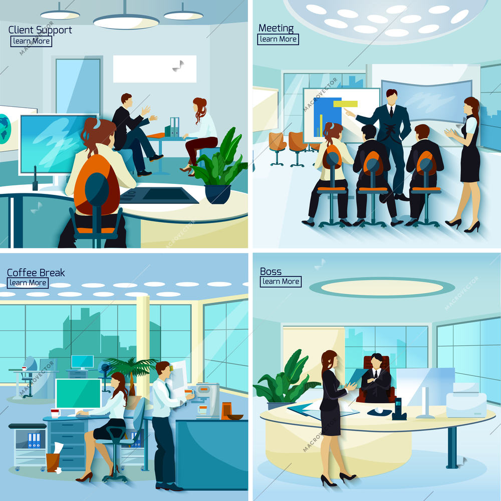 Office people 2x2 design concept set of  client support meeting coffee break and boss workplace compositions flat vector illustration