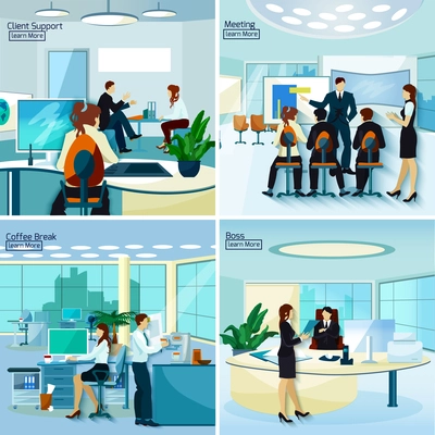 Office people 2x2 design concept set of  client support meeting coffee break and boss workplace compositions flat vector illustration