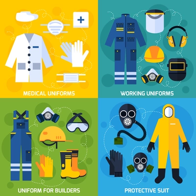 Color flat composition showing different protective uniform equipment for people vector illustration