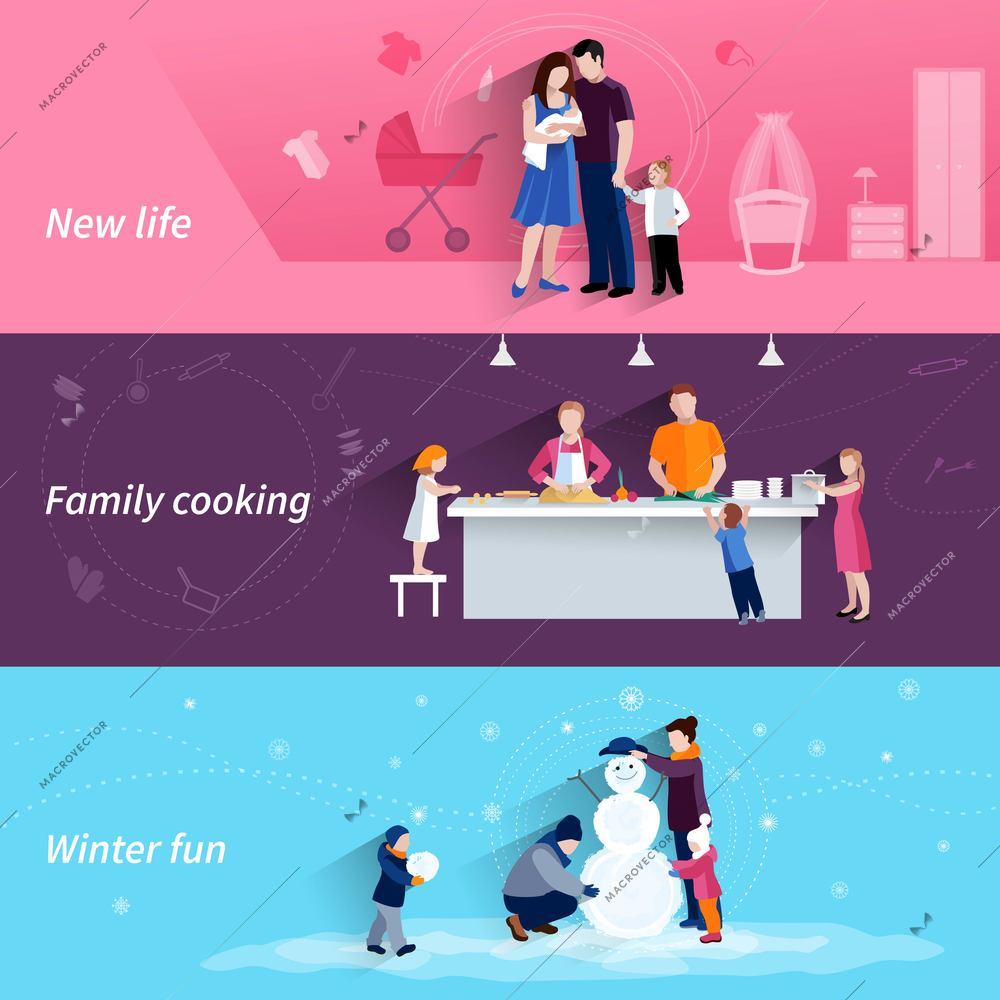 Happy family moments 3 flat banners set with cooking and making snowman together abstract isolated vector illustration