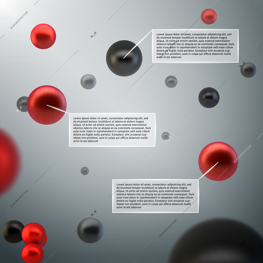 Abstract 3d spheres atom bubbles infographics design elements with data labels vector illustration