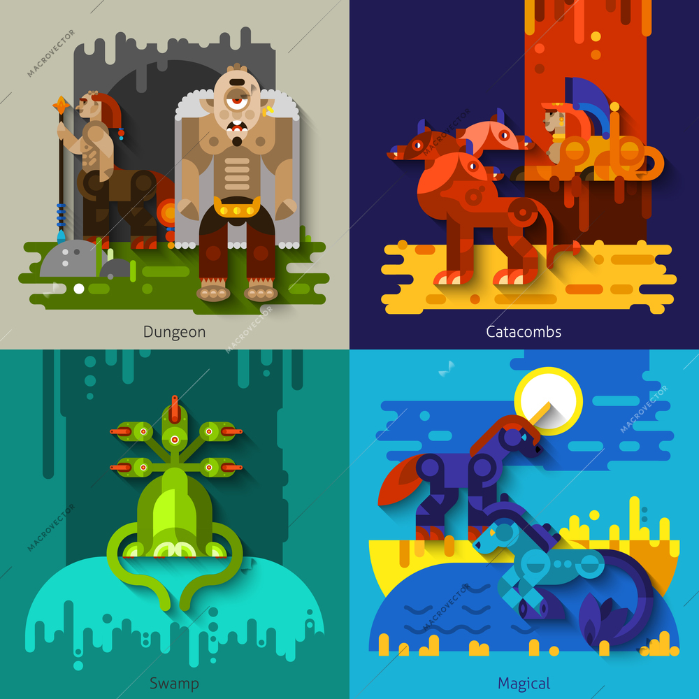 Four flat mythical creatures with dungeon and swamp and catacombs and magical set vector illustration