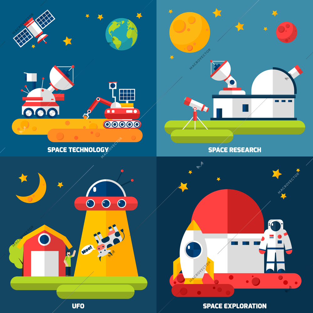 Space exploration 4 flat icons composition with observatory telescope and rover research technology abstract isolated vector illustration