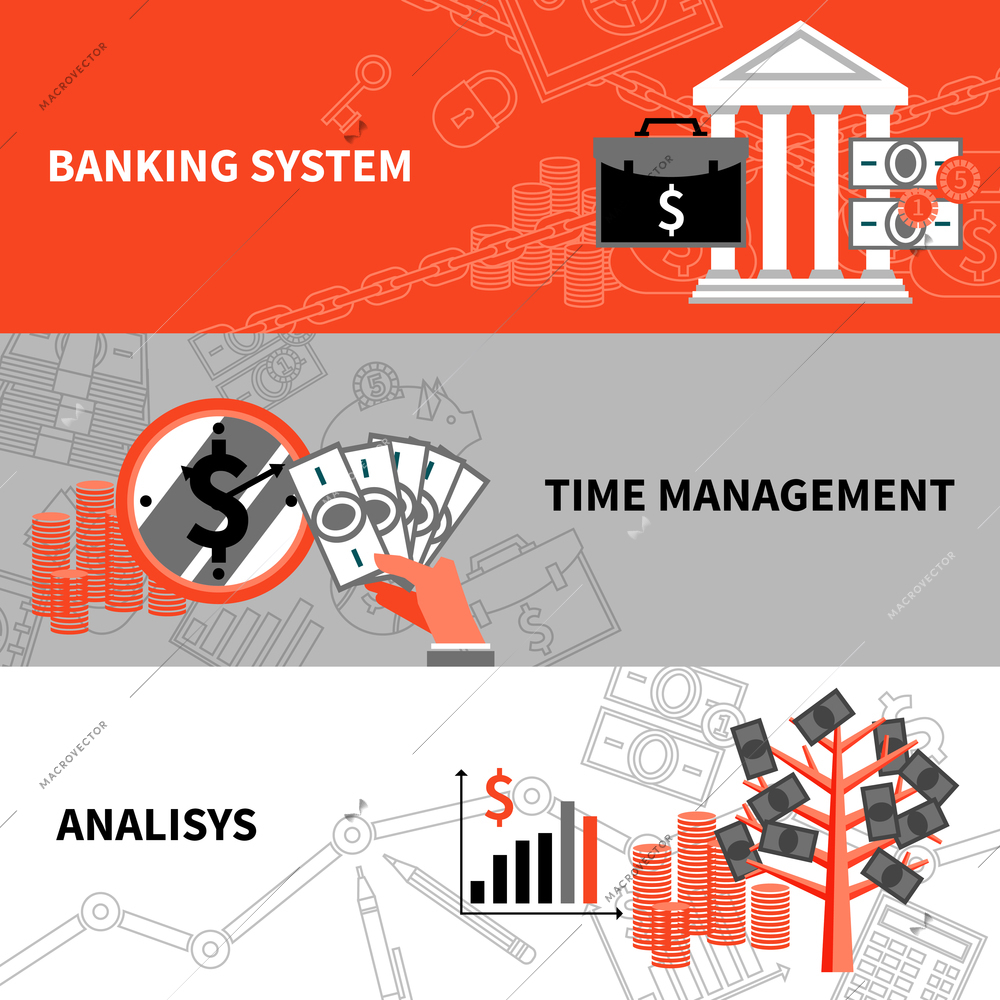 International banking system financial analysis and time management 3 flat horizontal banners set abstract vector isolated illustration