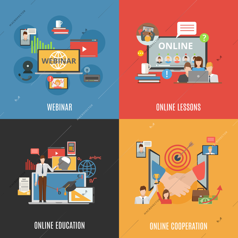 2x2 flat design concept set of webinar online education and online cooperation compositions flat vector illustration