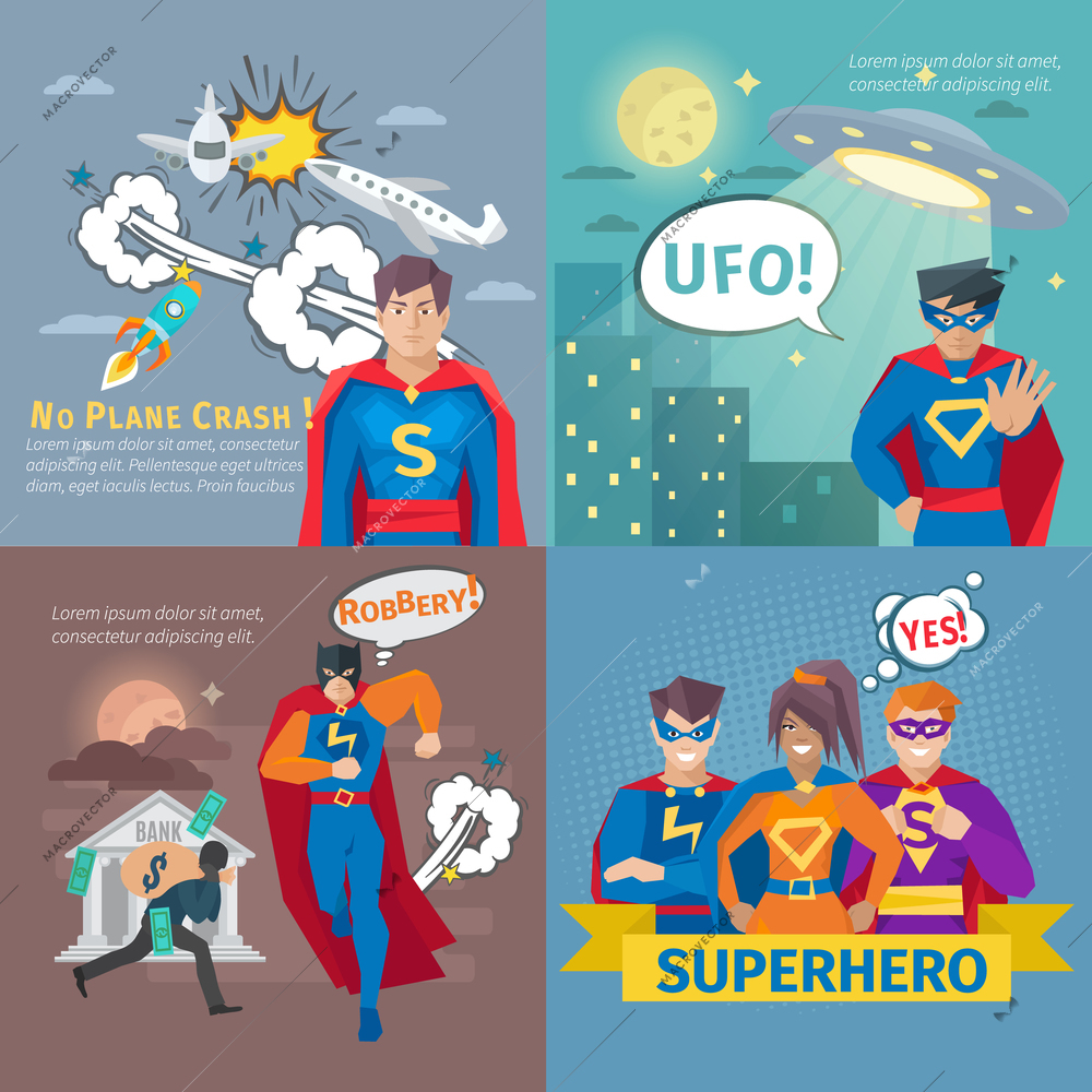 Superhero concept icons set with plane crash and robbery symbols flat isolated vector illustration