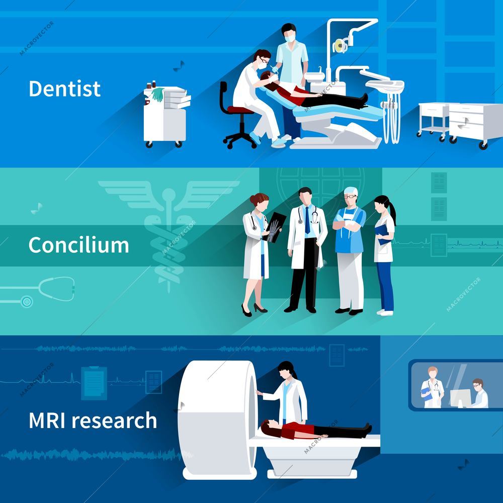 Medical care professional concilium 3 horizontal banners set with dentist and mri scan abstract isolated vector illustration