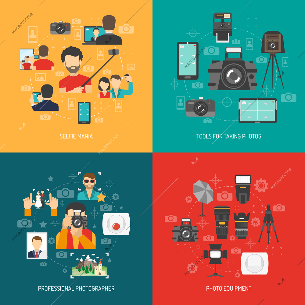Photography design concept set with professional photo equipment and selfie flat icons isolated vector illustration