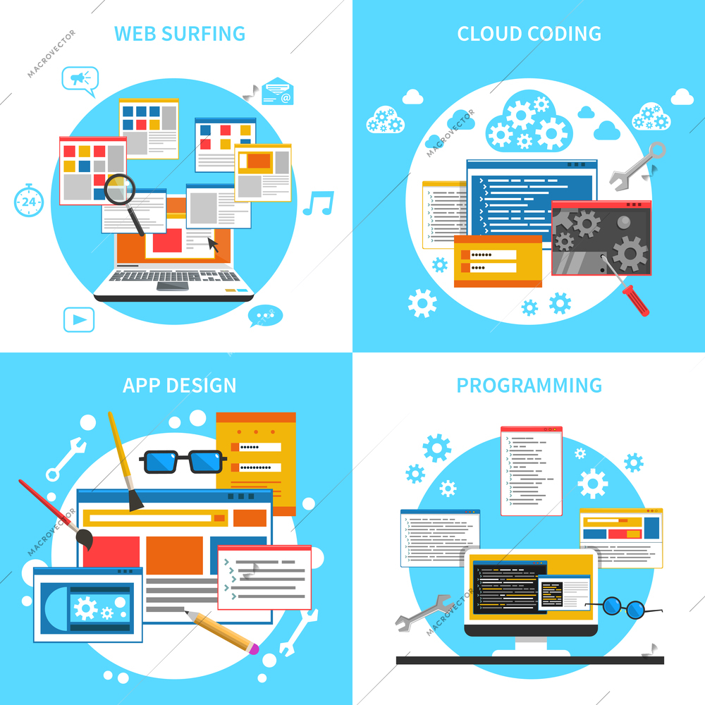 Web development concept icons set with web surfing cloud coding and programming symbols flat isolated vector illustration