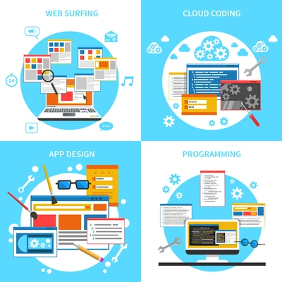 Web development concept icons set with web surfing cloud coding and programming symbols flat isolated vector illustration