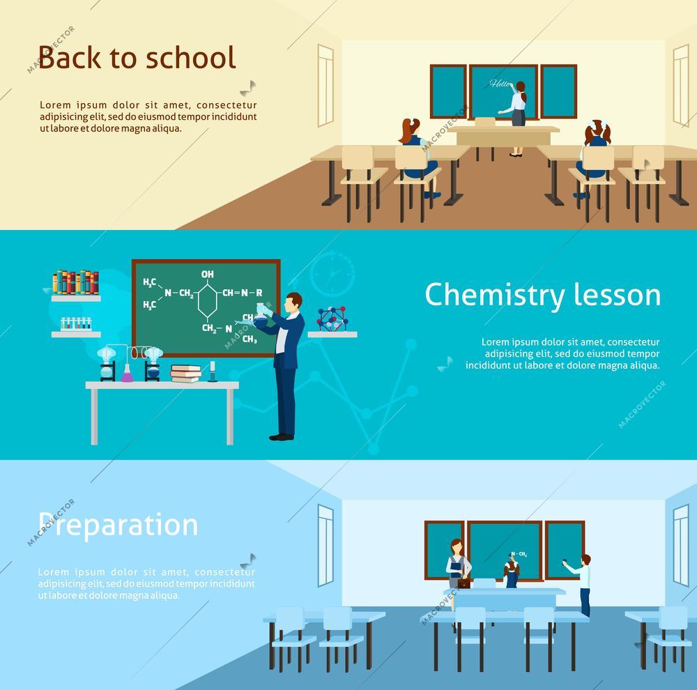 Teacher horizontal banner set with school interiors elements isolated vector illustration