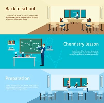 Teacher horizontal banner set with school interiors elements isolated vector illustration