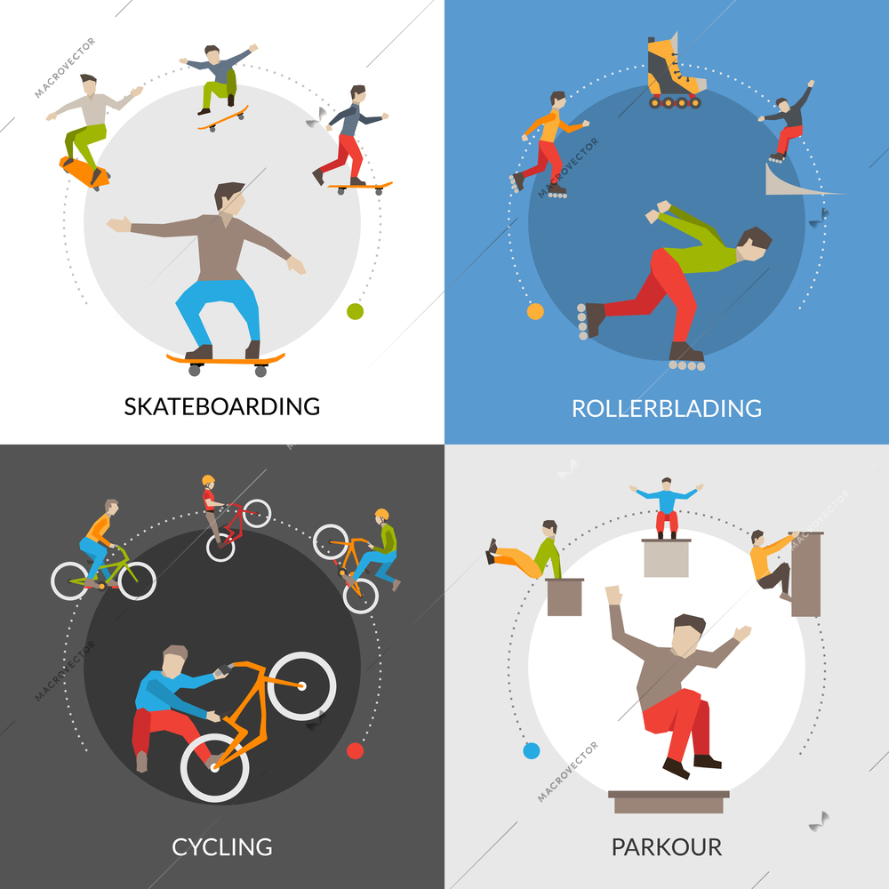 Extreme urban sports flat icons composition square concept vector illustration