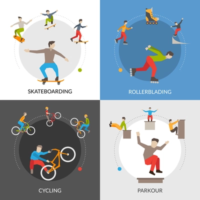 Extreme urban sports flat icons composition square concept vector illustration
