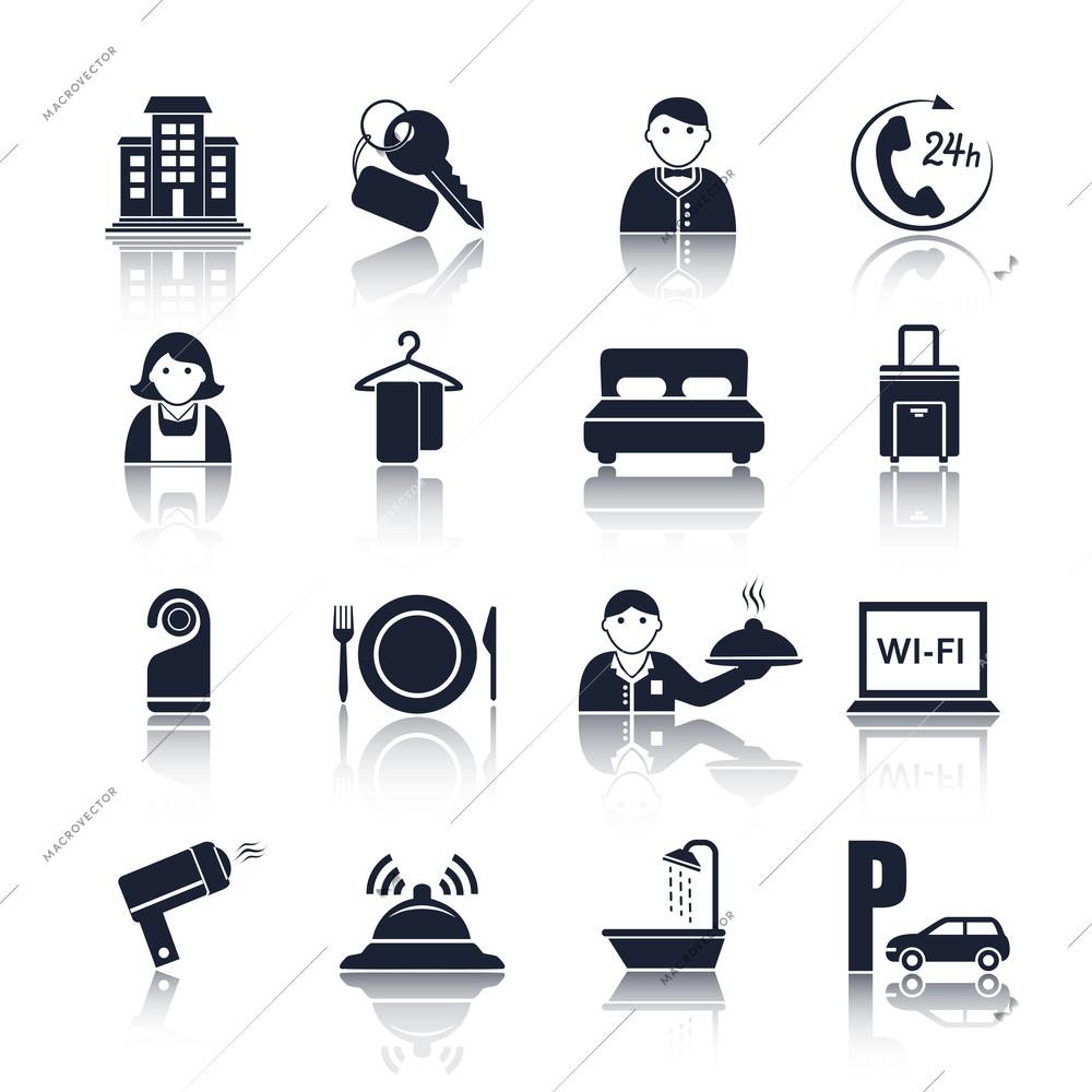 Hotel travel accommodation black pictograms set of room service maid and reception isolated vector illustration