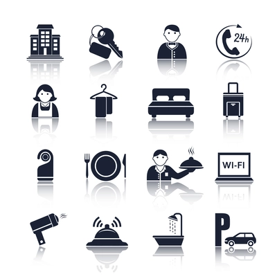 Hotel travel accommodation black pictograms set of room service maid and reception isolated vector illustration