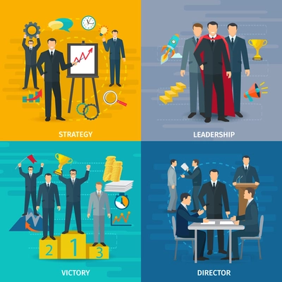 Leadership concept icons set with strategy victory and director symbols flat isolated vector illustration