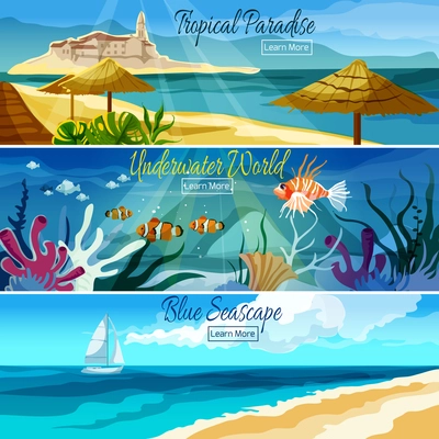Seascape horizontal banner set with underwater world elements isolated vector illustration
