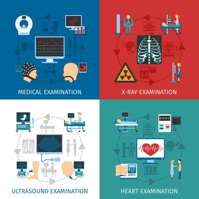 Medical ultrasound and x-ray heart examination 4 flat icons square composition banner abstract isolated vector illustration