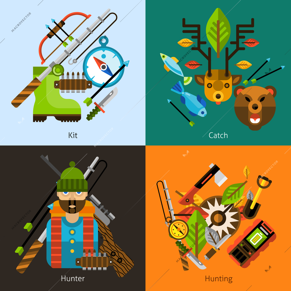 Hunting and fishing design concept set with hunter and outdoor activity equipment flat icons isolated vector illustration