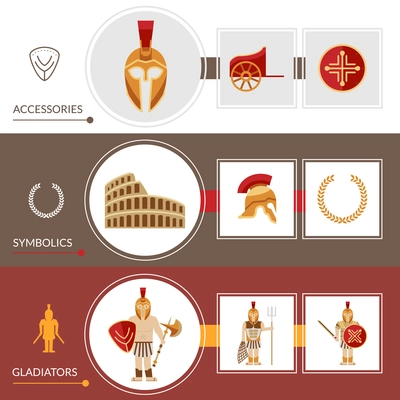 Gladiator horizontal banner set with warrior accessories elements isolated vector illustration