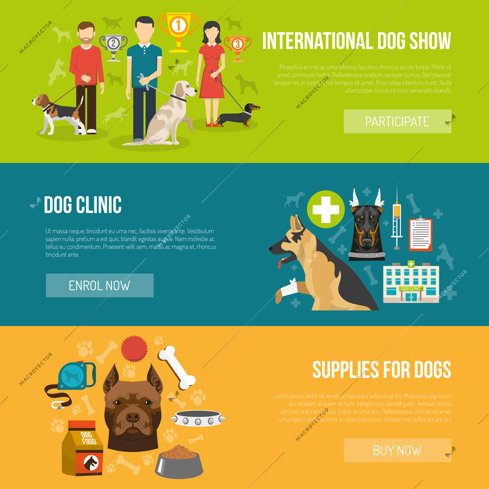 Dog horizontal banner set with vet clinic and pet supplies elements isolated vector illustration